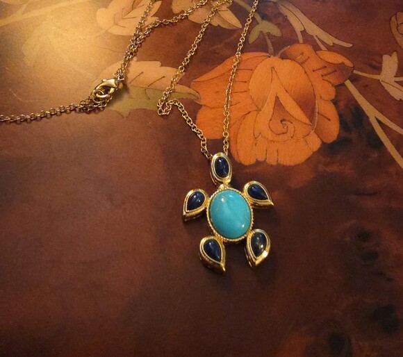 JTV Jewelry - JTV Turquoise & Lapis 18K Gold Over Brass Turtle Pendant With Chain